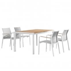 Best Freizeitmöbel Table et chaises Paros (5 éléments) - Teck massif / Tissu - Gris / Blanc