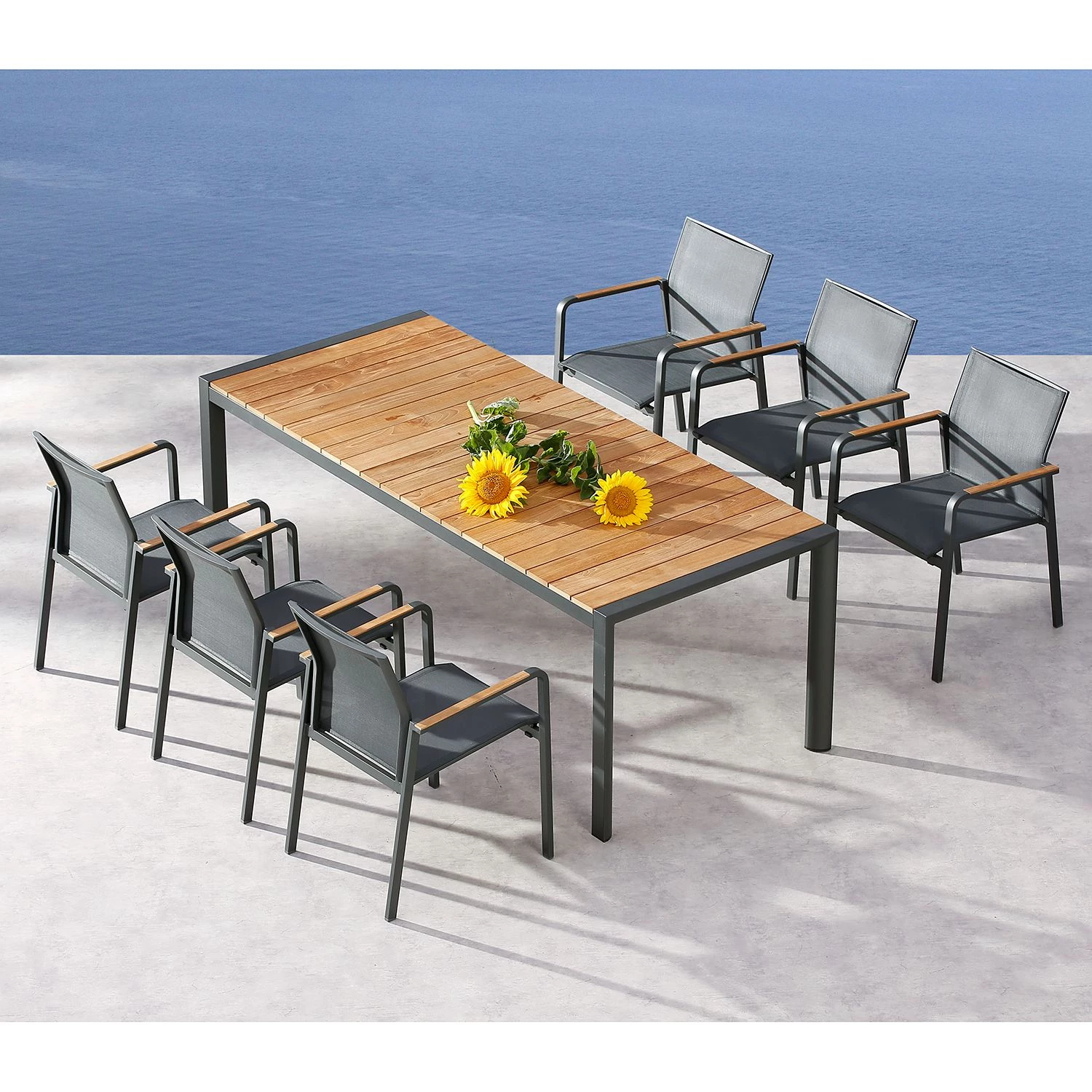 Best Freizeitmöbel Table et chaises Paros (7 éléments) - Teck massif / Tissu - Anthracite / Marron – Image 2