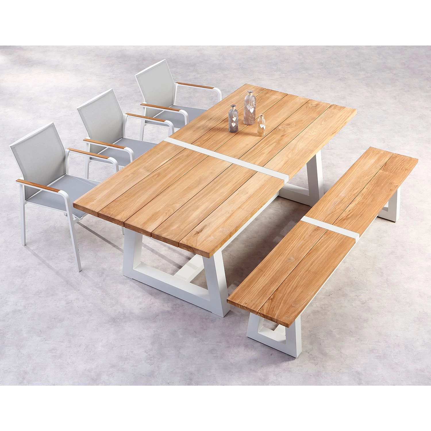 Best Freizeitmöbel Table et chaises Campione II(5 éléments) - Teck massif / Tissu - Blanc – Image 2