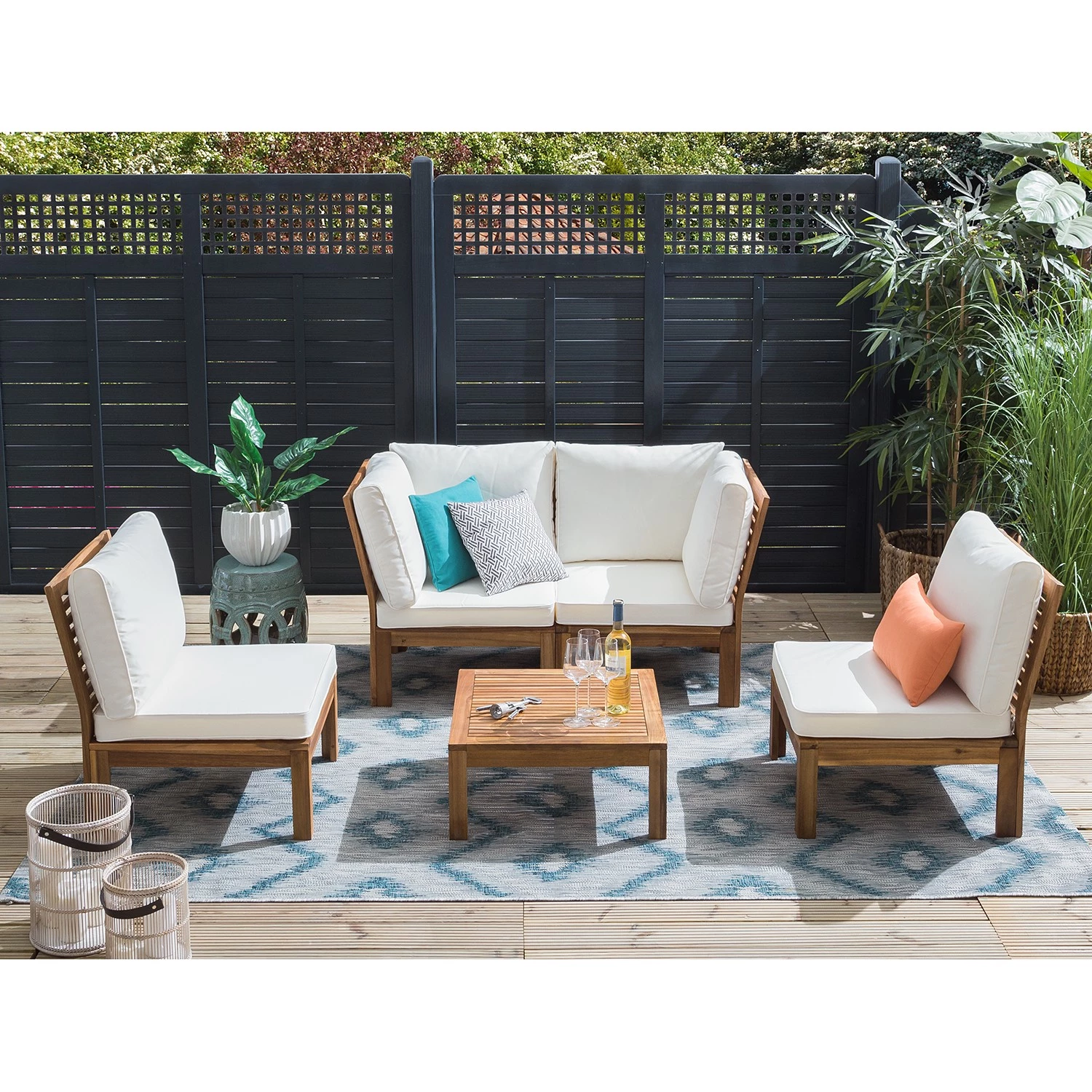 Jardi Salon de détente Lexi III (5 éléments) - Tissu / Acacia massif - Blanc cassé / Marron – Image 2