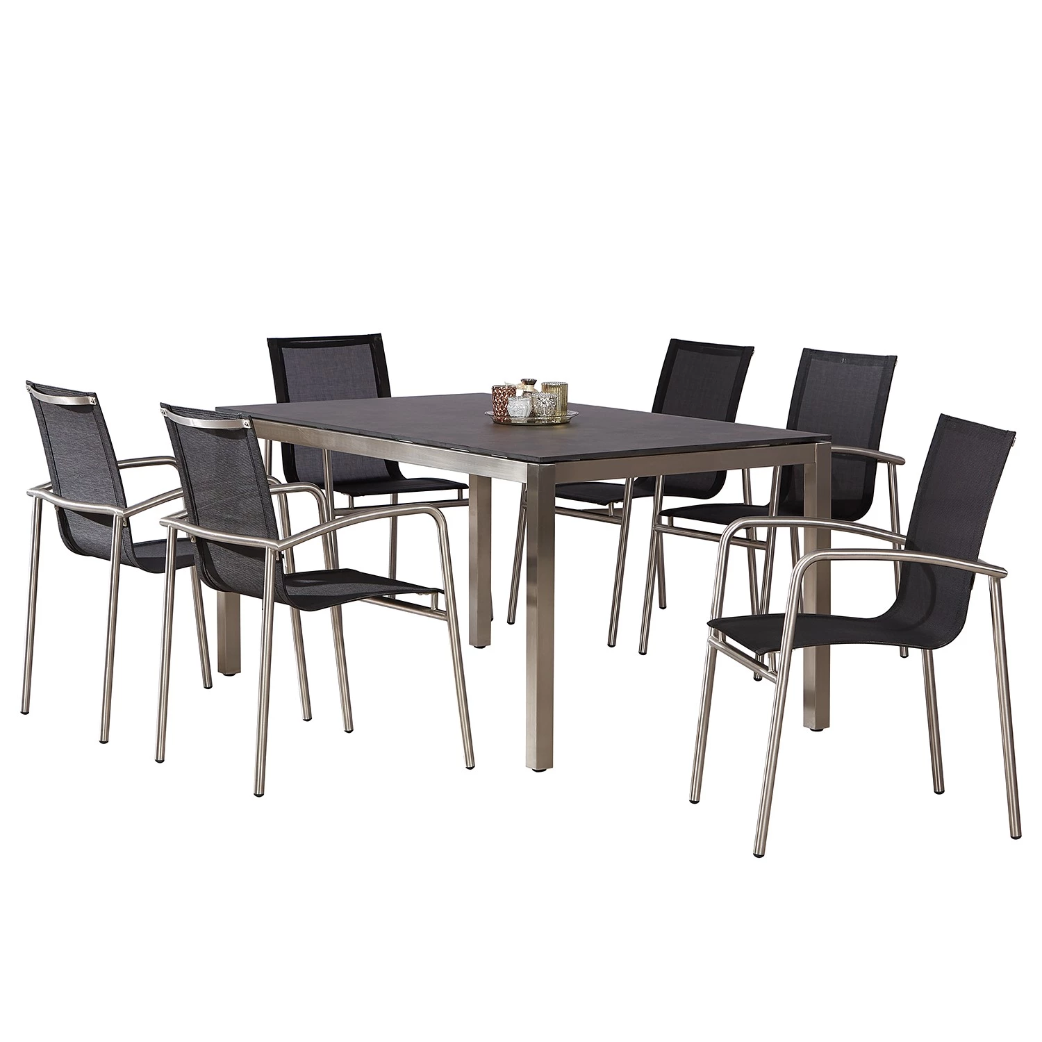 Table et chaises Marbella II (7 élém.) - Acier inoxydable / Ergotex - Argenté / Noir