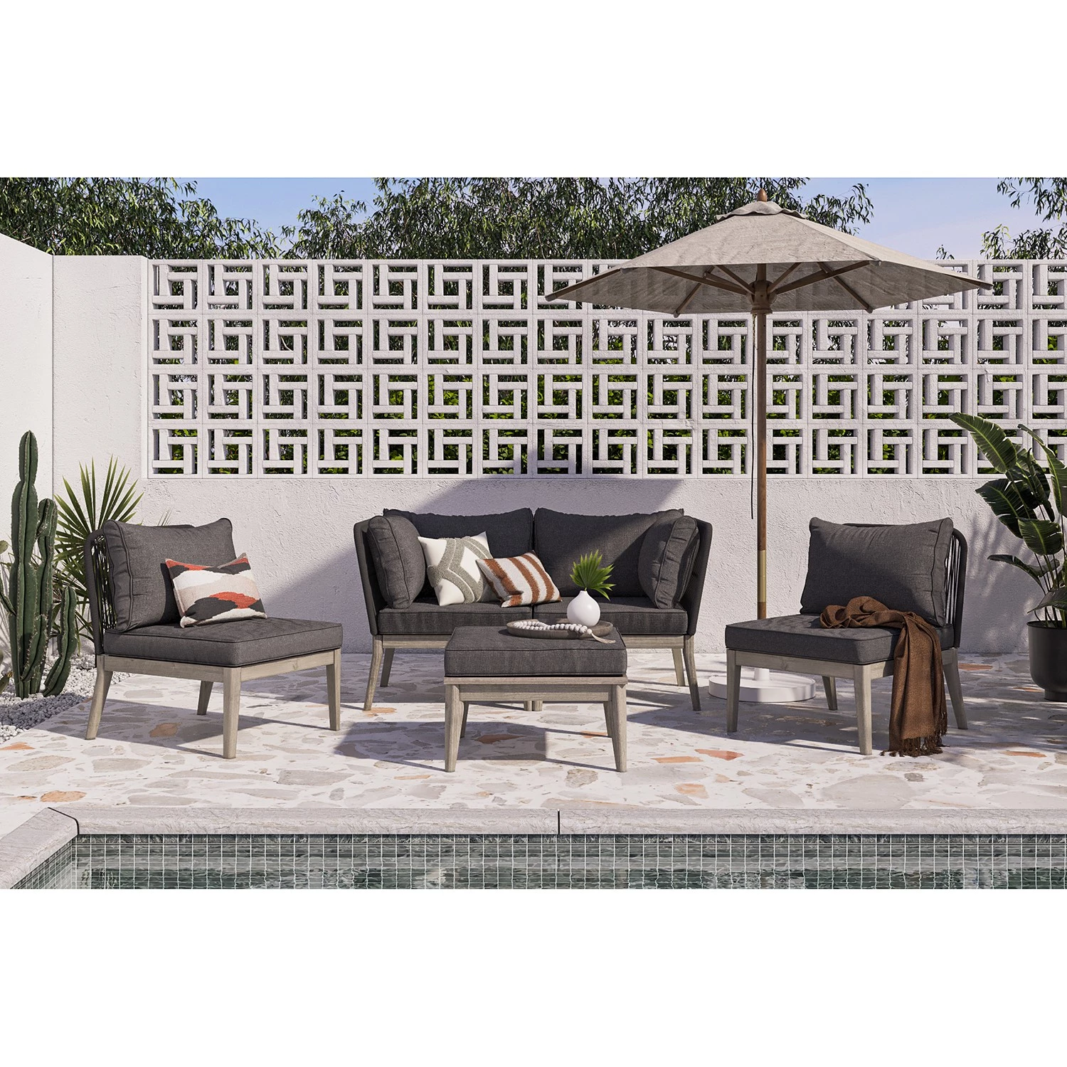 Salon de jardin Fifo III (5 éléments) - Acacia massif / Polyester - Gris – Image 2